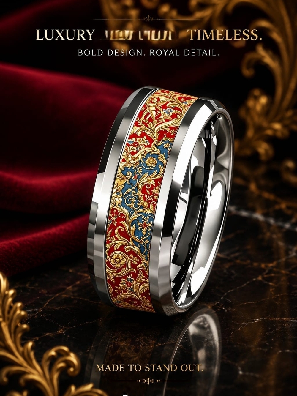 Unisex Red & Blue Ornate Stainless Steel Ring - Luxury Design